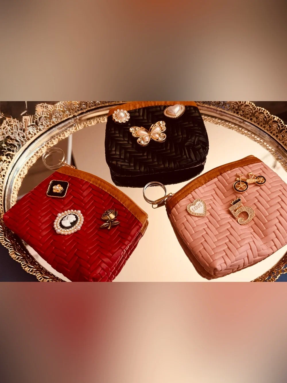 NWOT Embellished Woven faux leather Coin Pouch Keychain – Choose ONE